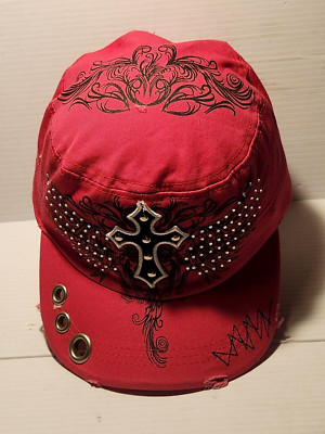 Sewed On Patch Rhinestone Cross Magenta Cap Stretchable Fitted Hat