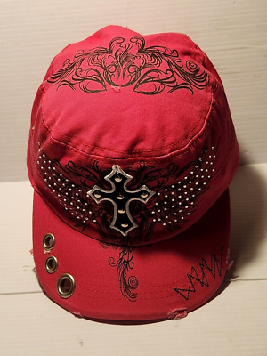 Sewed On Patch Rhinestone Cross Magenta Cap Stretchable  display picture 2