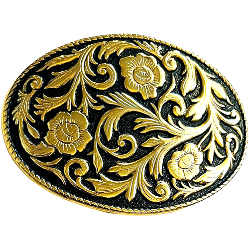 Belt Buckle Western Themed with Flowers - Gold and Black Color - Picture 3 of 5