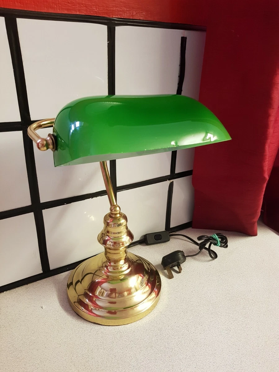 Vintage Brass Bankers Lamp tiffany style Emerald Green Glass light shade