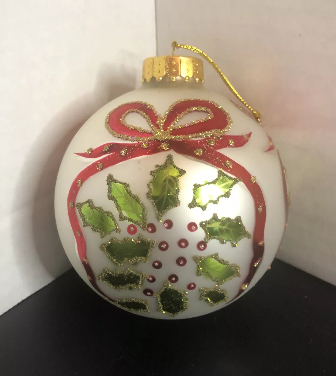 Hand Painted Large 3.75 Round Glass Christmas Tree Ornament Holly Bow