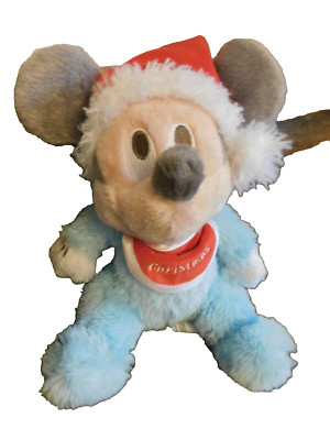 Baby Mickey Mouse First Christmas Disney Plush 9'' Fuzzy Baby Blue Santa Hat Bib