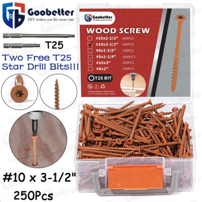 250PCS Torx Star Flat Head Screw #10x3-1/2'' Outdoor Wood Screw T25 Star Bit Set