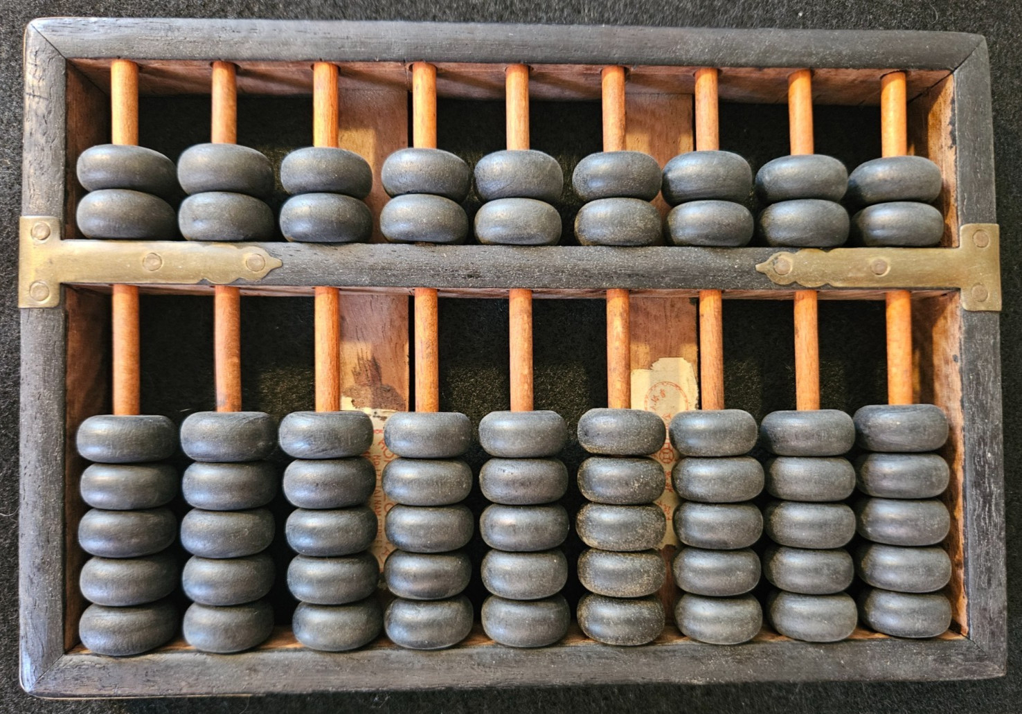 Vintage Hop Cheong Tai Abacus - Wood w/ Brass Hardware. 9 Lines. 63 Beads.