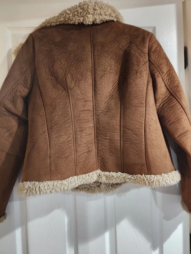 Relativity Brown BOMBER Beige Faux Fur Trim jacket Size Large - Picture 3 of 4