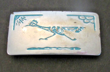 VTG Belt Buckle Silver Tone Road Runner Sun Design Turquoise Color Western Dress