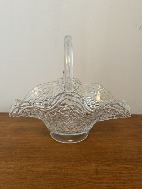 Vintage L E Smith Thousand Eyes Clear Glass Ruffled Edge Basket