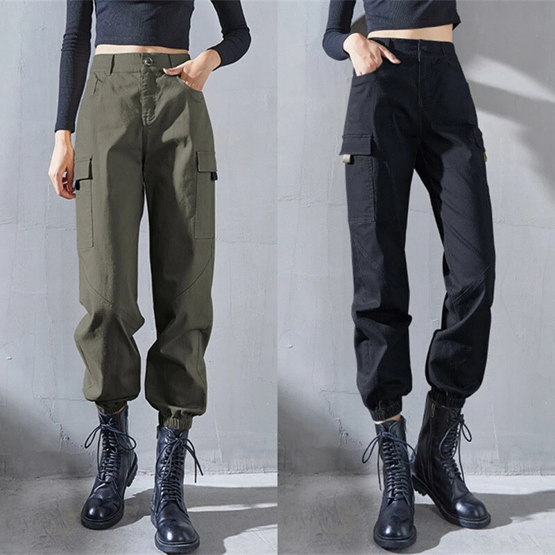 Lady High Waist Cargo Pants Loose Combat Work Military Hip Hop