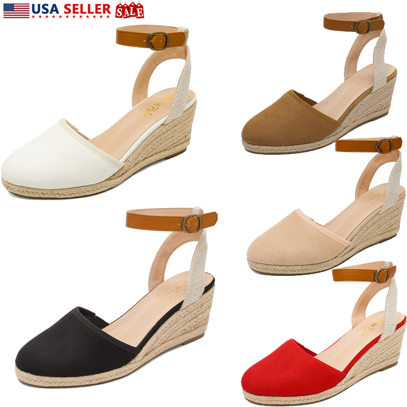 Women Espadrilles Wedge Sandals Ankle Strap Close Toe Comfort