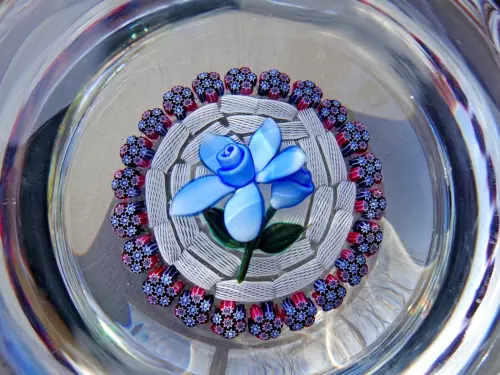 Peter McDougall Art Glass Faceted Blue Rose Millefiori Paperweight PMCD #11/35