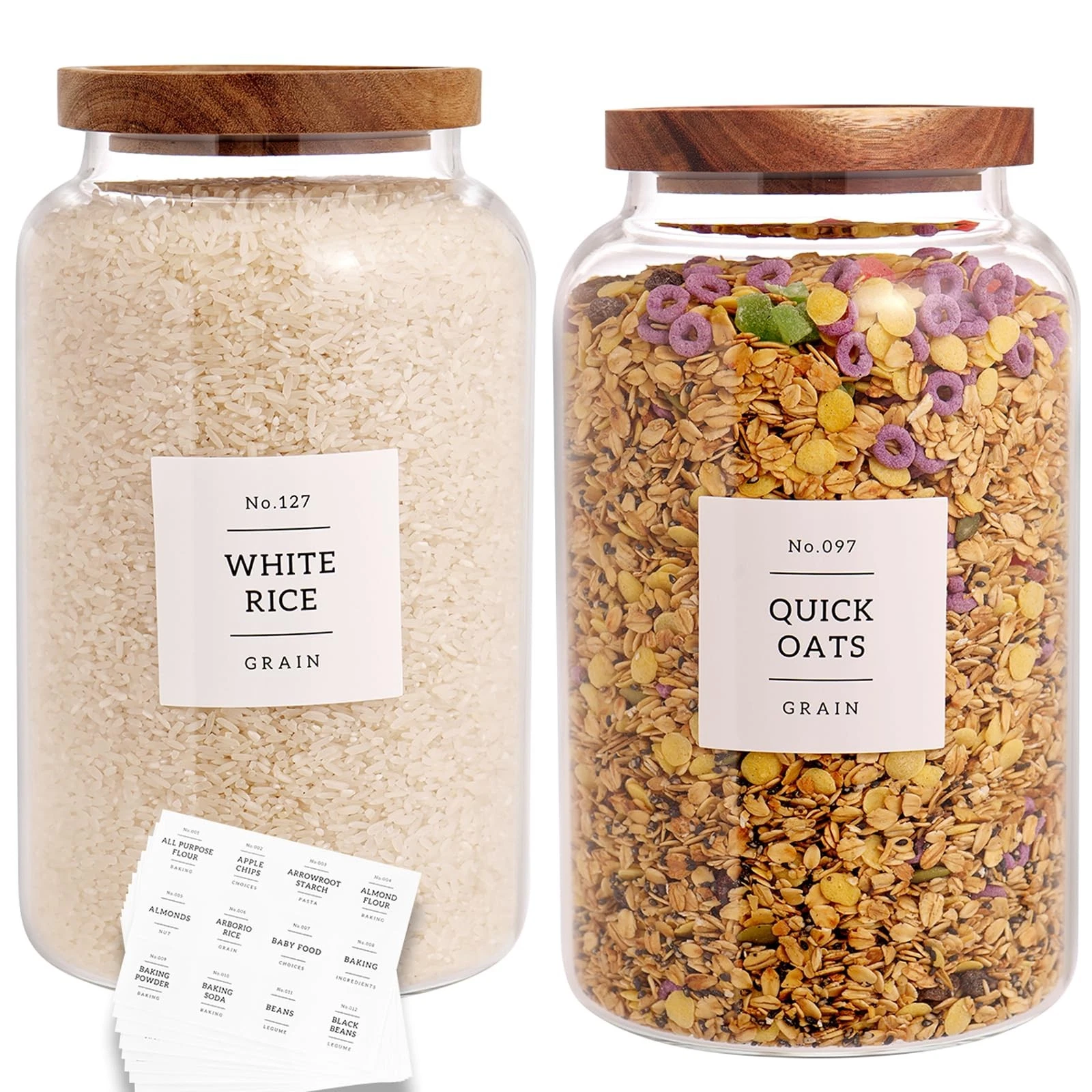 Set of 2 Large Glass Jar with Airtight Acacia Lid and 132 Kitchen Pantry Labe...