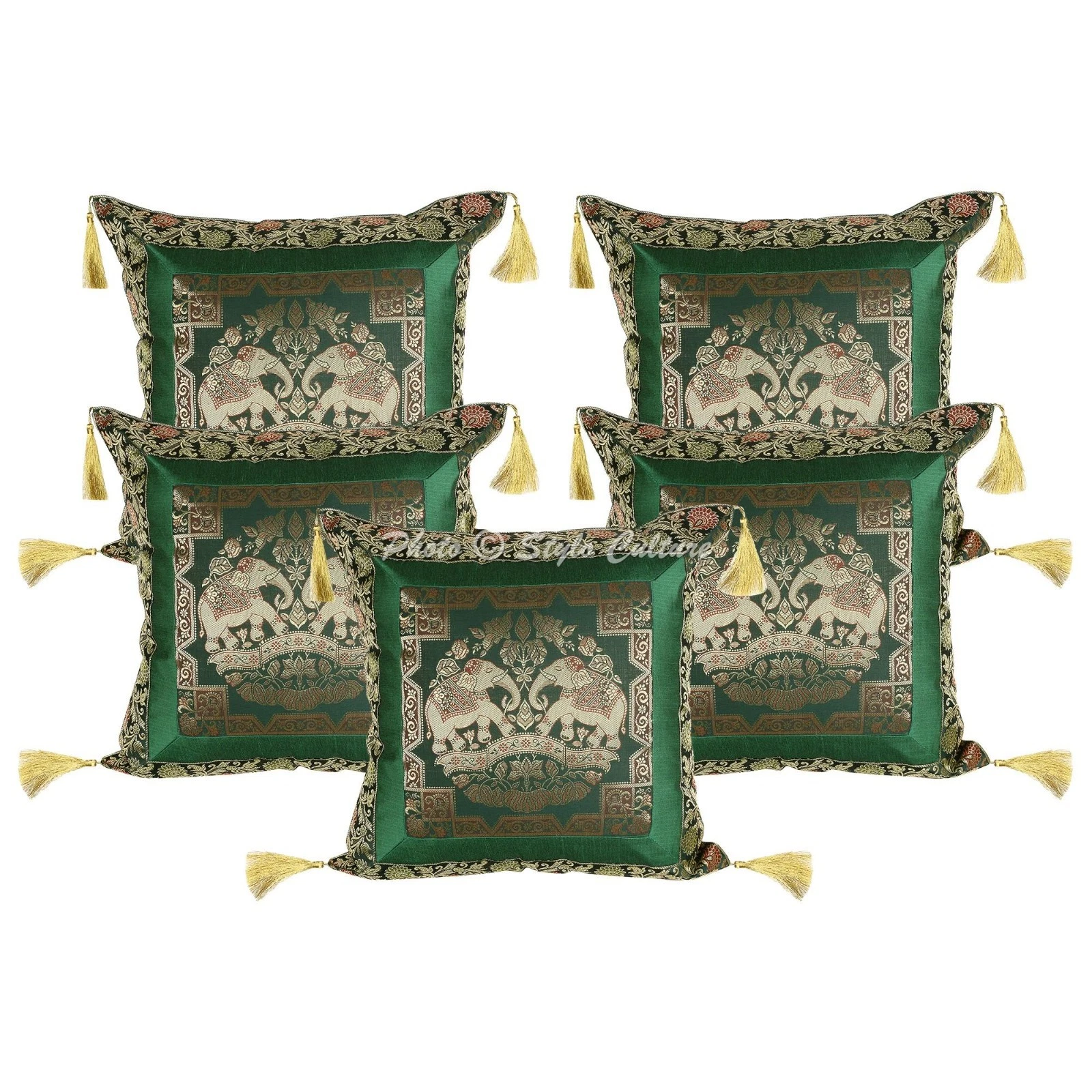 Ethnic Throw Pillow Covers 18x18 Brocade Green Elephant Bohemian Cushion Cover