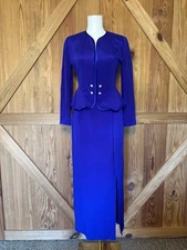 Vintage Rimini 1980s 100% Silk Peplum Jacket & Maxi Skirt Set Blue Purple Size 4