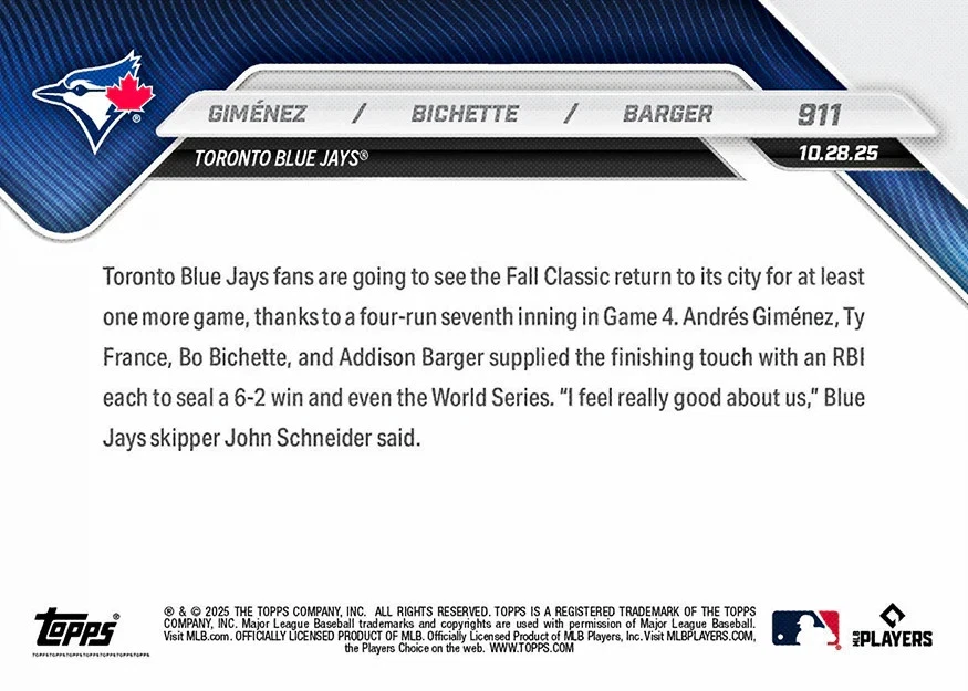 Gimenez,Bichette,Barger Blue Jays 2025 MLB Topps NOW Card # 911 PRESALE - Image 2 of 2