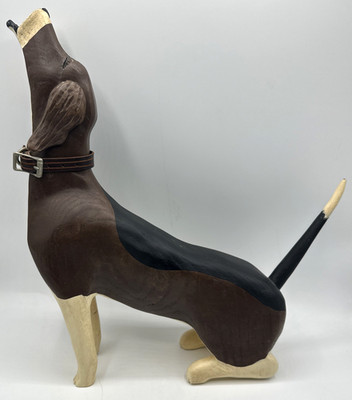Vtg Hand Carved Wooden Basset Hound Dog Howling Folk Art Signed 
