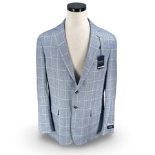 Jos A Bank Sport Coat Mens 42L Blue Gray Plaid Linen Blend Tailored Fit Blazer