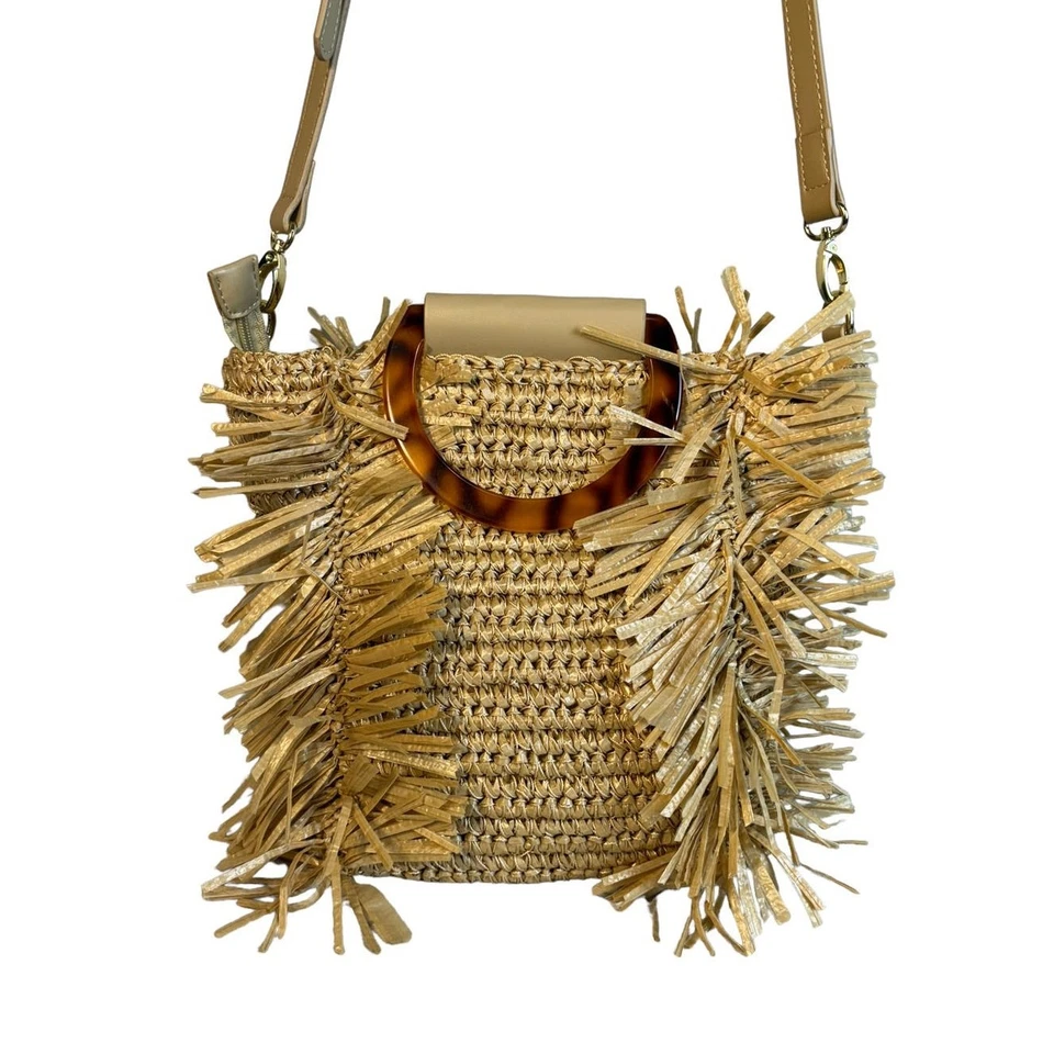 Sondra Roberts Boho Beach Fringe Squared Natural Straw Raffia Weave Bag Purse  - Image 2 of 4