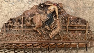 Vintage Syroco Wood Carved Bronco Rodeo Cowboy Belt Holder Tie Rack 1940s 1950s