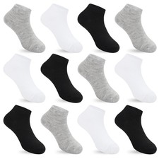 12 Pairs Boy Athletic Ankle Socks Girl Low Cut Sock White Black Grey 9-12 Years