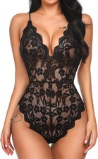 Sexy Lingerie for Women Deep V Teddy Sheer Lace Bodysuit Snap