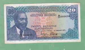 Kenya  20 Shilling  Note  1 Jan. 1975    P-13b   VERY FINE+