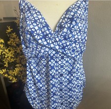 Lands' End Blue White Geometric Tankini Swim Top Adjustable Strap Size 18