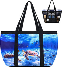 Large Mesh Beach Bag for Women, Waterproof Sandproof Summer Tote with Sea Turtle