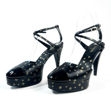 CHANEL 2023 All Over Interlocking CC Logo Black Heels Size 38 Platform Cap Toe