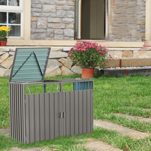 Shedzy Metal Garbage Bin Shed 1.6 x 0.8 x 1.2m 2-Door Waste Trash Shed Grey - Picture 2 of 10