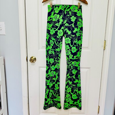 ZARA FLORAL RETRO VIBE HIPPIE KNIT PANTS LEGGINGS GREEN AND BLUE