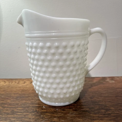 Vintage Hobnail Pitcher White Milk Glass 8.25” Anchor Hocking Ice Tea Lemonade