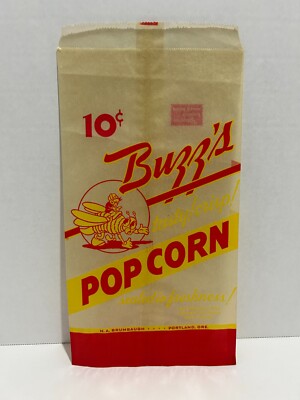 Vintage 10 cent Popcorn Bag Buzz's Portland Oregon Wax Paper Unused