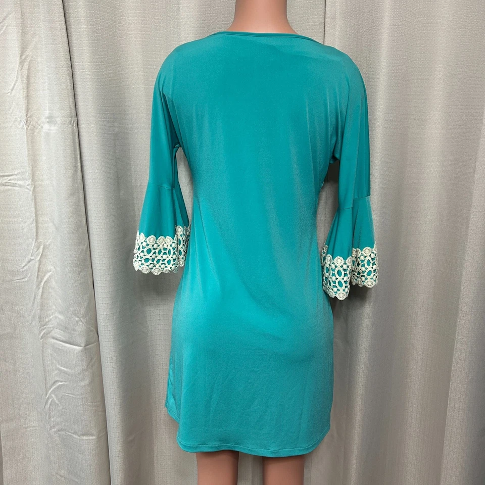 Judith March Bell Sleeve Pullover Mini Dress Women's Sz Large Teal Crochet Trim - Image 3 of 4