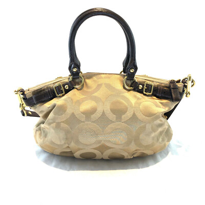 COACH Madison Op Art Sateen Sophia Satchel 2 Way Purse Khaki/Brown