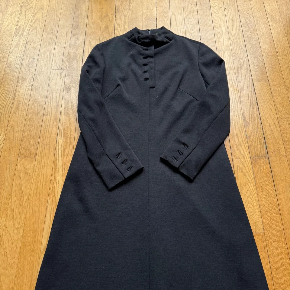 Vestido midi vintage Bill Blass talla M negro mezcla de lana manga larga detalle de botones Foto 2 de 4