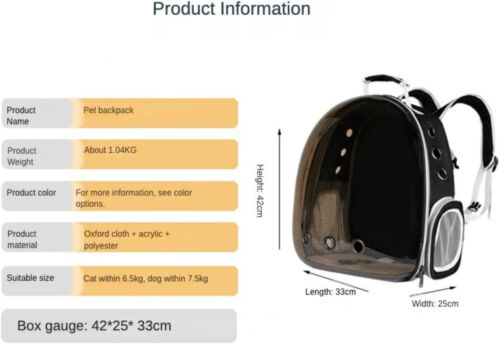 ASTRONAUT WINDOW DOG CAT PET TRAVEL BAG CARRIER BREATHABLE TRANSPARENT BACKPACK - Picture 8 of 8
