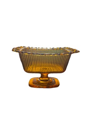 Vintage Amber Gold Glass Pedestal Flower Planter Bowl Limited Edition FTDA Lace