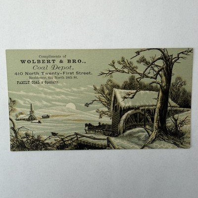 Wolbert & Bro Philadelphia PA Coal Depot Trade Card Winter Snow Scene Mill