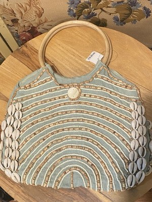PARFOIS Shell & Wood Beaded Bamboo Bag Beach Vacation Purse Cotton Fun Cruise