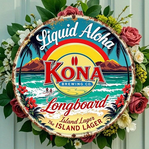 Vintage Kona Brewing Surf Beer Aluminum - 8x8 Tropical Beach Tin Metal Signs
