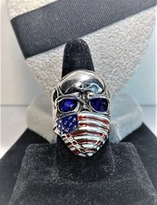 MENS ENAMELED AMERICAN FLAG LARGE SKULL HEAD STAINLESS RING CRYSTAL EYES 