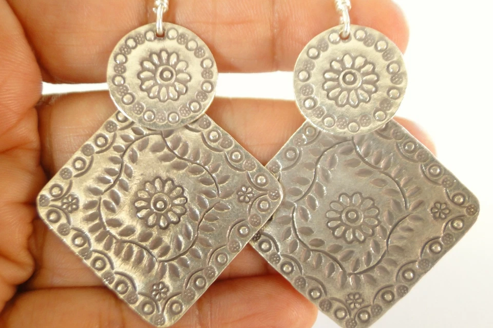 Thai Hill Tribe Circle Square Dangle Tribal Motif Sterling Silver Earrings - Image 2 of 4
