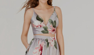 New $218 Speechless Women's Gray Floral Satin V-Neck Sleeveless Crop Top Size 5