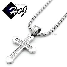18"-24"MEN WOMEN Stainless Steel 2mm Silver Box Link Chain CZ Cross Pendant P53