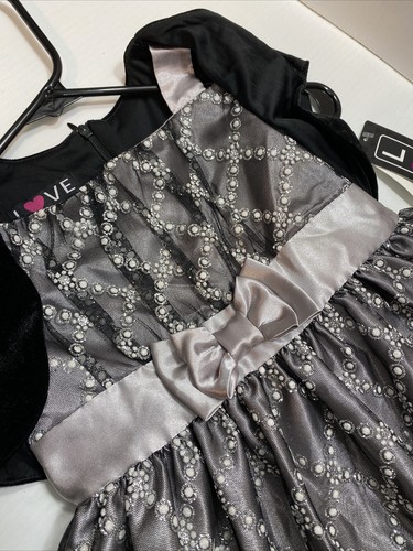 Love Girls' Holiday Dress Silver Black Bow Platinum Sparkle Ribbon Size 7 NEW! - Picture 11 of 12