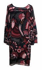 LOFT S Shift Dress Black Pink Red Retro Floral Print Long Bell Sleeve Abstract