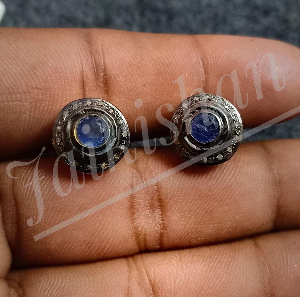 Zaffiro Blu Gemma 925 Argento Sterling Pavè Diamante Borchie Handmade Orecchini - Immagine 3 di 3