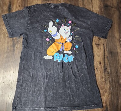 Mens L Rip N Dip Karate Power T Shirt Double Sided Mineral Wash Cat