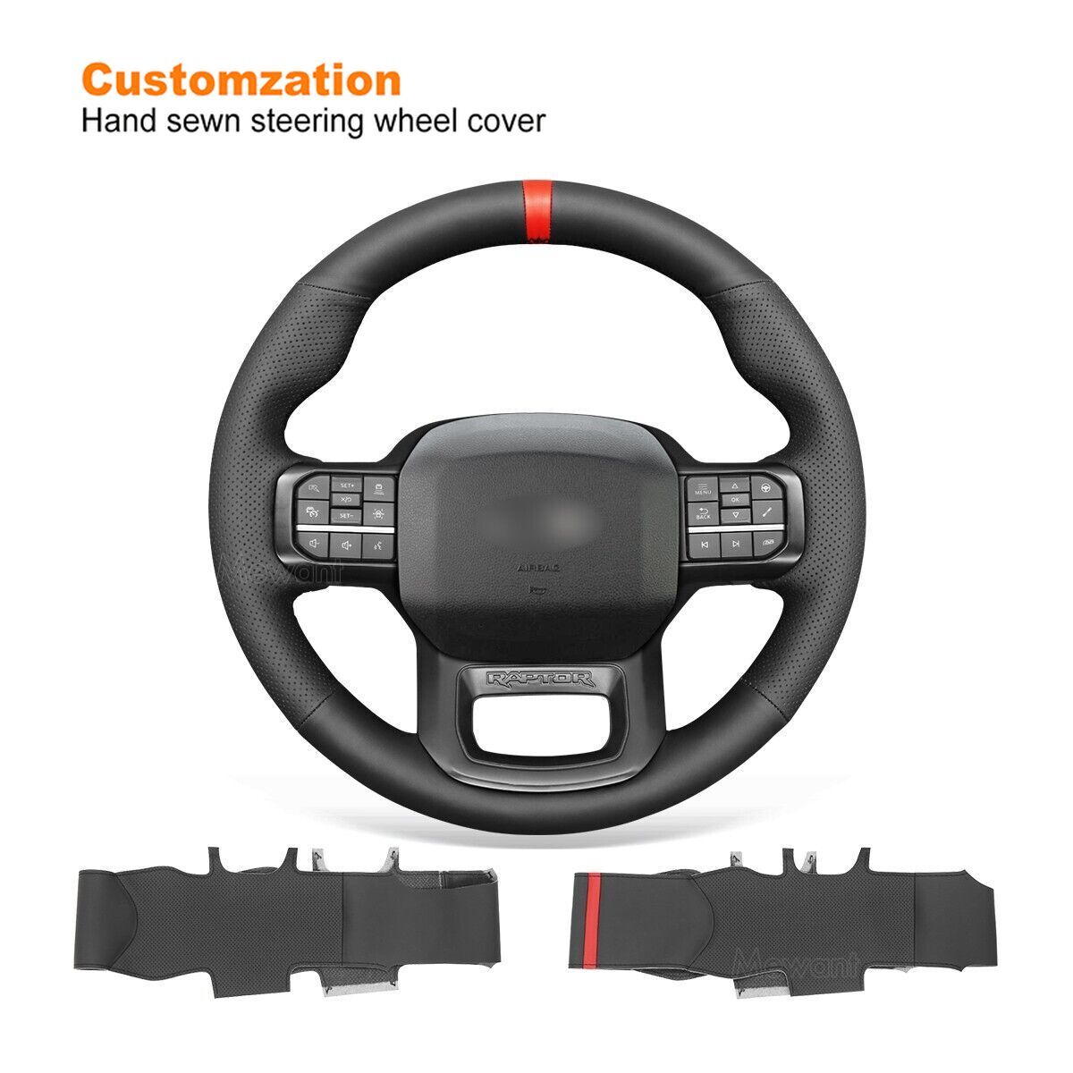 Hand Stitching Leather Steering Wheel Cover for Ford F-150 (Raptor) 2021-2023