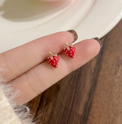 Gorgeous Gold Red Strawberry Pave CZ Stud Earrings